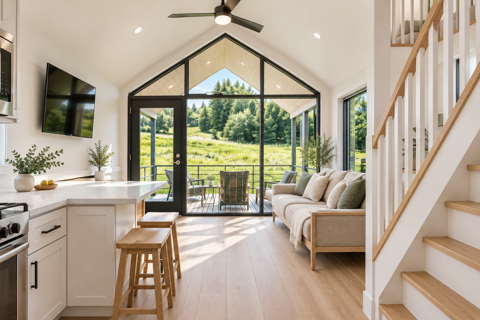 Bright ADU concept interior with vaulted ceiling and garden-facing windows